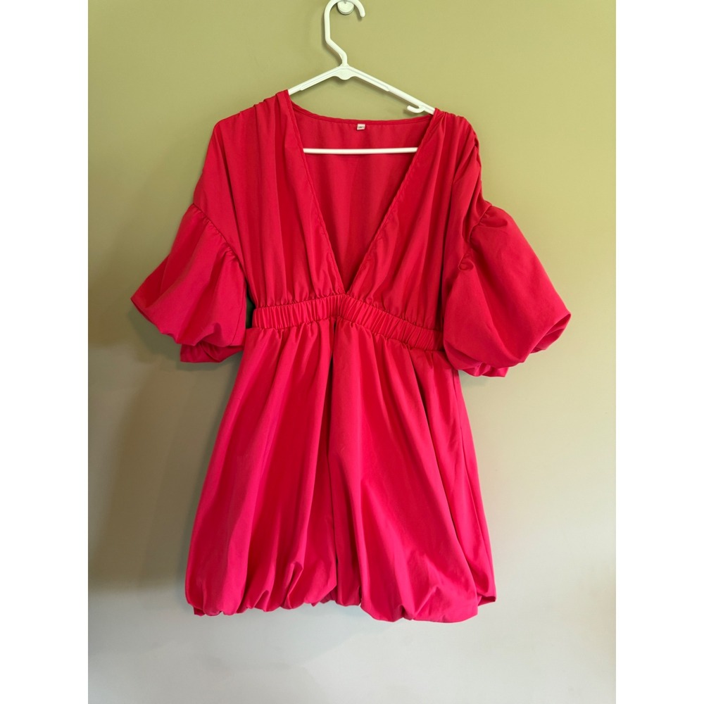 Hot Pink Bubble Hem Mini Dress Deep V-Neck Puff Sleeve Smocked Waist Size M
